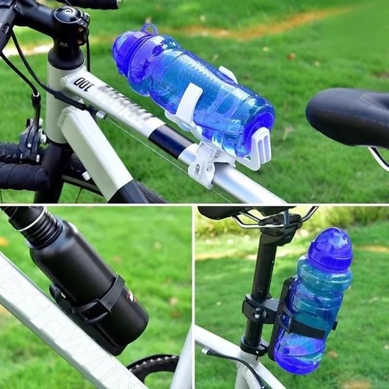 2-pack fietswaterfleshouder, universele fietswaterfleshouder, verstelbare mountainbike drinkbeker voor fietsen, kinderwagens, rollators, 360 graden draaibaar, geschikt voor fietsen met mountainbikes, zwart en wit — afbeelding 2