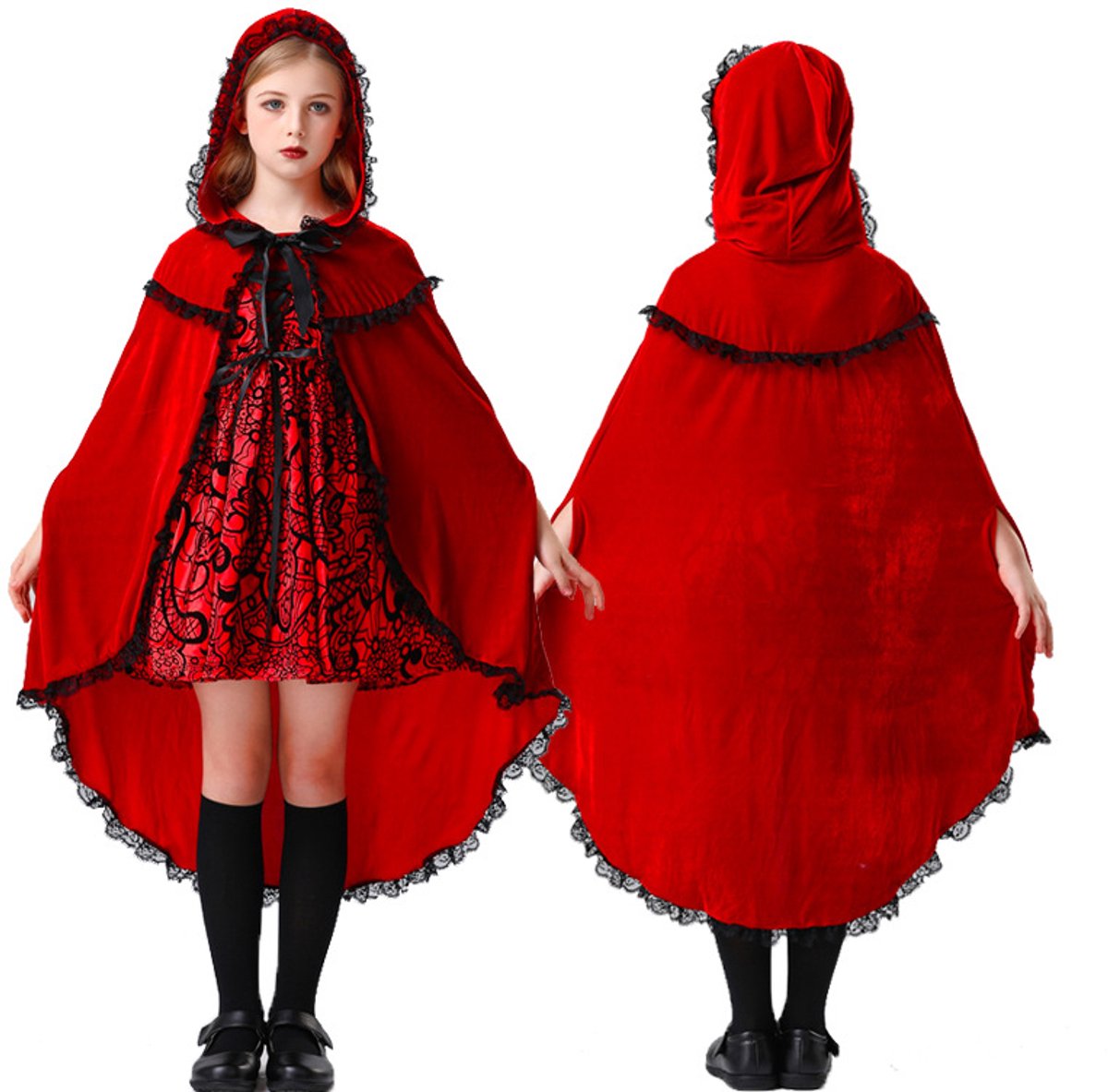 Halloween Cosplay Kostuum - Gotische Jurk met Cape - Roodkapje Podiumkostuum - Feestelijke Verkleedset - Geschikt voor Kinderen Rond140cm - Meisjes Feest Cosplay Maskerade Carnaval Kostuum Feestkostuum - prinses fluffy jurk