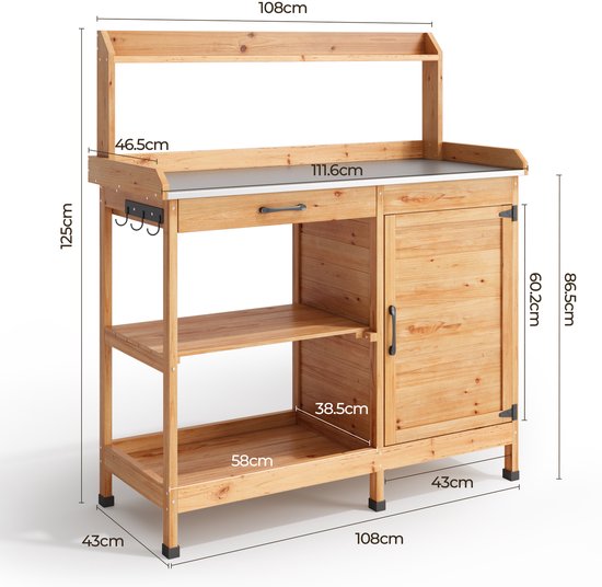 Bealife CC51 Table de travail de jardin pour plantes, table de jardin pour plantes avec banc de plantation, 111,6 x 46,5 x 125 cm, Naturel
