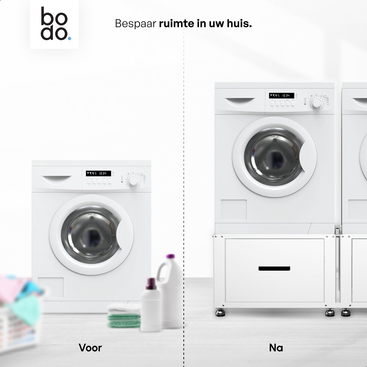 Bodo® - Wasmachine Verhoger - Dubbel - Kast - Ombouw met Lade - Wit - 124x58x44-48cm – foto 5