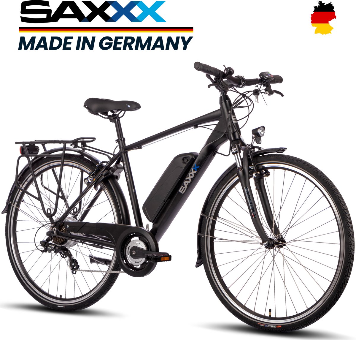 【Vroege Kerstdeals】SAXXX Touring Sport – Elektrische Fiets – 95% Vooraf Geassembleerd Stadsfiets – 374Wh Verwijderbare Accu – 100km Actieradius – 28” Wielen – 250W Motor – Shimano Tourney 7 Versnellingen – Met Verlichting en Bagagedrager-Zwart - 【Vroege - €709,00
