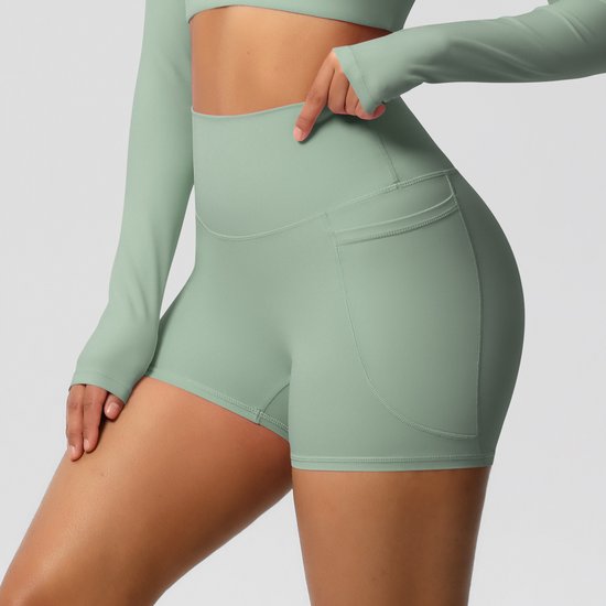 Gym Revolution - Korte Sportlegging dames - Sportbroek dames met zakje - Sportkleding dames - Yoga short dames - Hardloopbroek dames kort - High waist sportlegging - Fitness legging dames - Gym short dames - Groen - Maat XL van Merkloos — afbeelding 3