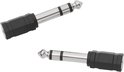 Twee 6.35mm naar 3.5mm audio adapters, zilverkleurig met zwart handvat.