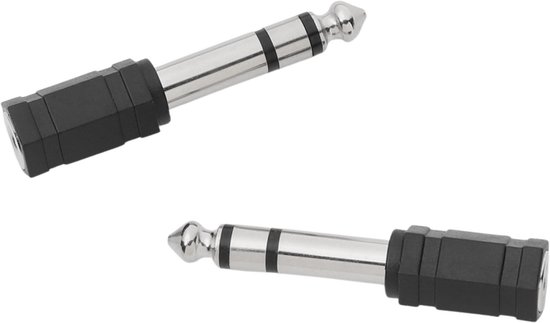 Twee 6.35mm naar 3.5mm audio adapters, zilverkleurig met zwart handvat.