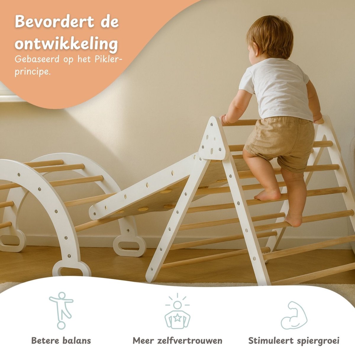 Maxx Kidz - Houten Klimrek - Pikler Driehoek met Glijbaan - Klimboog voor Binnen - Baby Speeltoestel - Hout Peuter Speelgoed - Leerzame Klimdriehoek — afbeelding 2