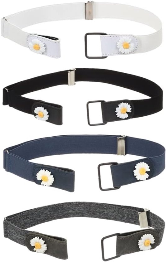 Ceinture élastique - Sans boucle - 4 pièces - 45*3cm - Avec motif marguerite - Zwart, blanc, bleu et gris - Ceinture extensible - Ceinture sans boucle - Ceinture - Ceinture sans boucle - Stretch - Unisexe - Réglable