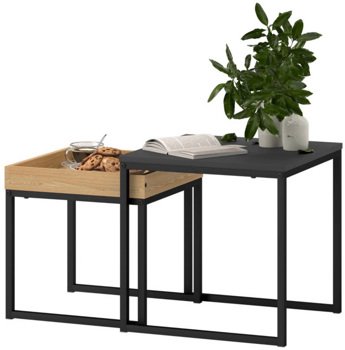 Zenzee Salontafel set van 2 - Bijzettafel - Tafeltje - Vierkant - Metaal - Zwart