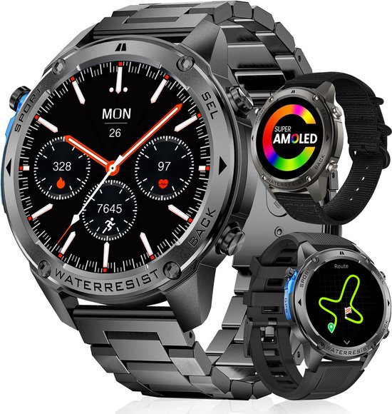 Synyq GPS Pro - GPS Smartwatch Heren - 1,43 inch AMOLED - 3 Bandjes - 5ATM Waterdicht - Belfunctie - 170+ Sportmodi - Stappenteller - Hartslag, Bloeddruk, SpO2 - Smartwatch Heren - Sport Horloge - IOS & Android