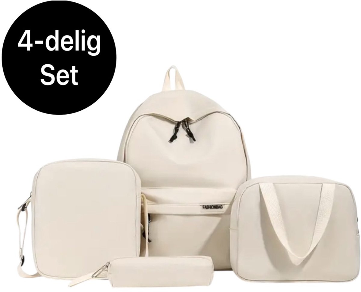 Twenty Two 4-delig schooltassen set | Schoolrugzak, etui, lunchtas, crossbodytas voor meisjes/tieners | beige | effen kleur | casual | waterdicht | grote capaciteit | 4 stuks | brugklas | schooltassen set 28x12x35cm