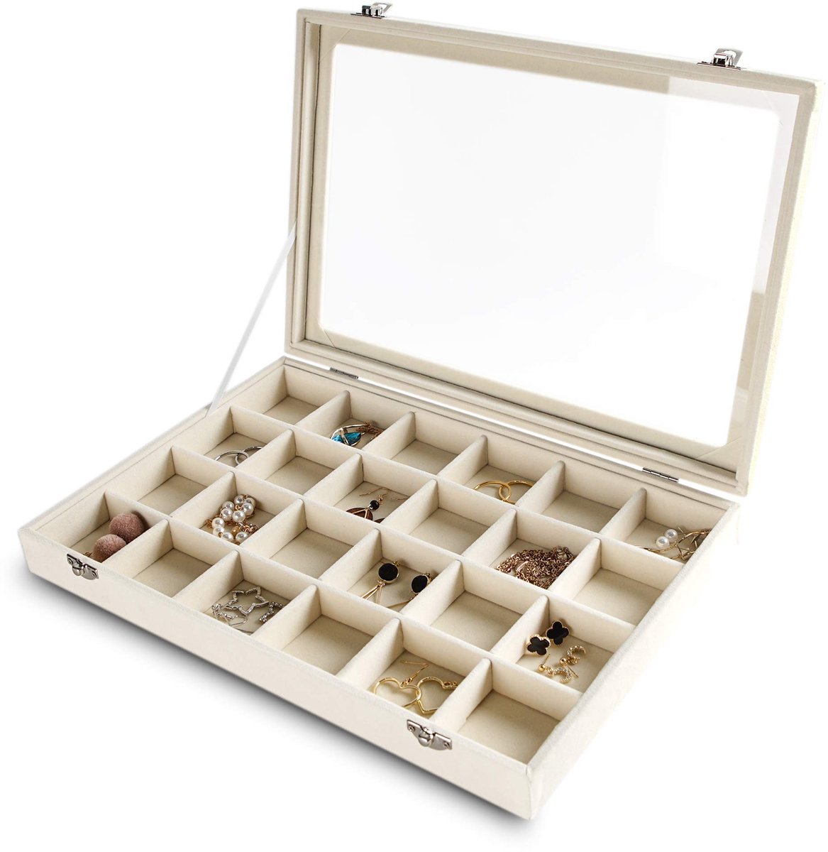 Frebeauty Sieraden Organizer Tray met Transparant Deksel, 24 Roosters, Fluwelen Lade-inzetstuk, Sieraden Opbergdoos met Glazen Deksel, Sieraden Display Case met Slot, Cadeaus voor Vrouwen (Beige, 24 Roosters)