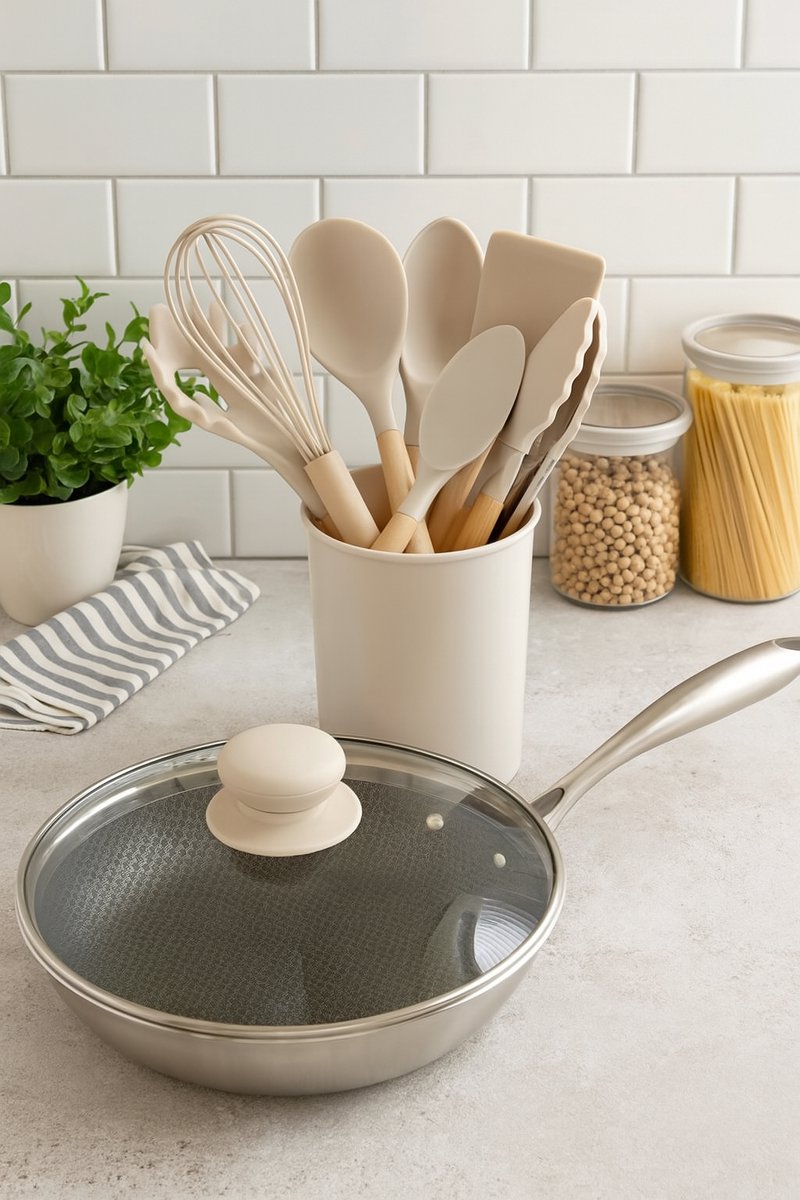 Precisie Home – Ivory Touch Keukengerei Set – 12-delig – Siliconen & Hout – Incl. Organizer – Hittebestendig & Vaatwasserbestendig