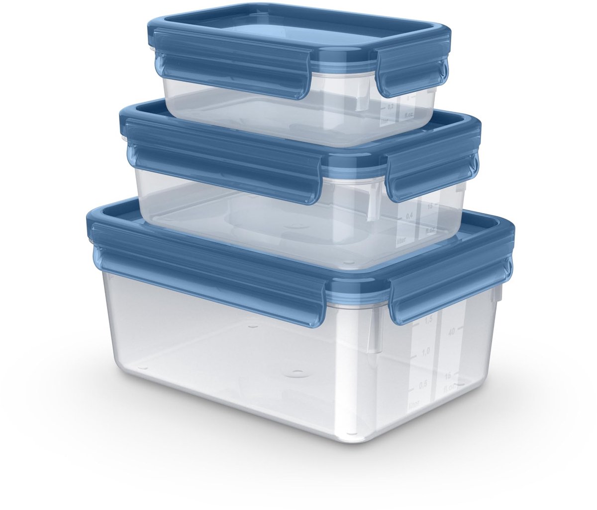 Emsa Clip & Close Eco voedselcontainerset, 3-delig, 0,55/1,0/2,2 L, eco-design, lekvrij, hygiënisch, magnetron-/vriezer-/vaatwasserbestendig, BPA-vrij, blauw, N1171800
