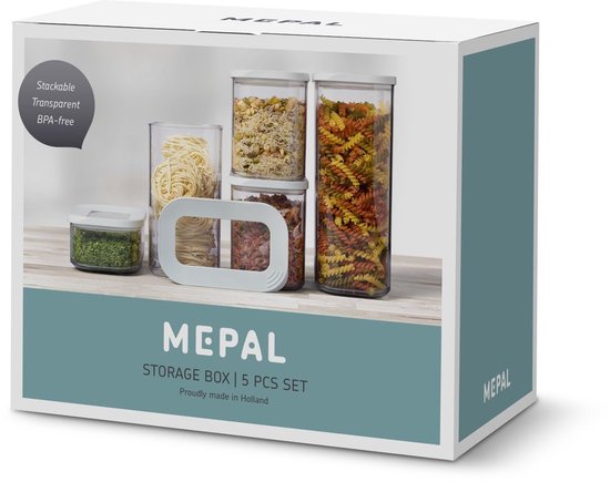 Emballage de boîtes de conservation Mepal Modula, set de 5 pièces. Sont représentées des boîtes transparentes remplies de pâtes, d'herbes, de muesli et de céréales.