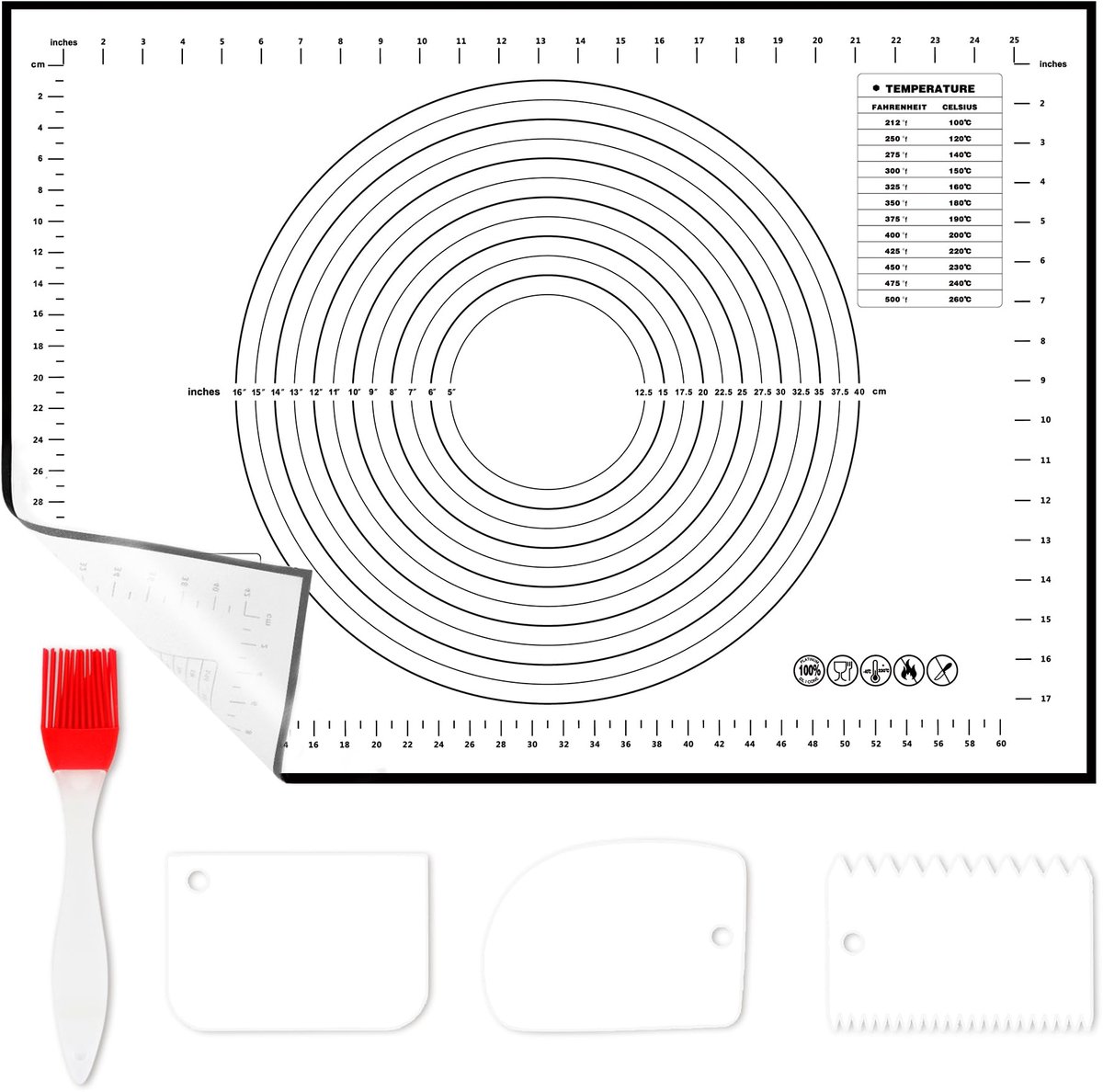 WECUTE Siliconen bakmat 70 x 50 cm Antislip siliconen bakmat met maatverdeling, herbruikbare fondantaccessoires voor deeg, fondant, macarons, koekjes (met 3 deegschrapers en 1 borstel) (zwart)