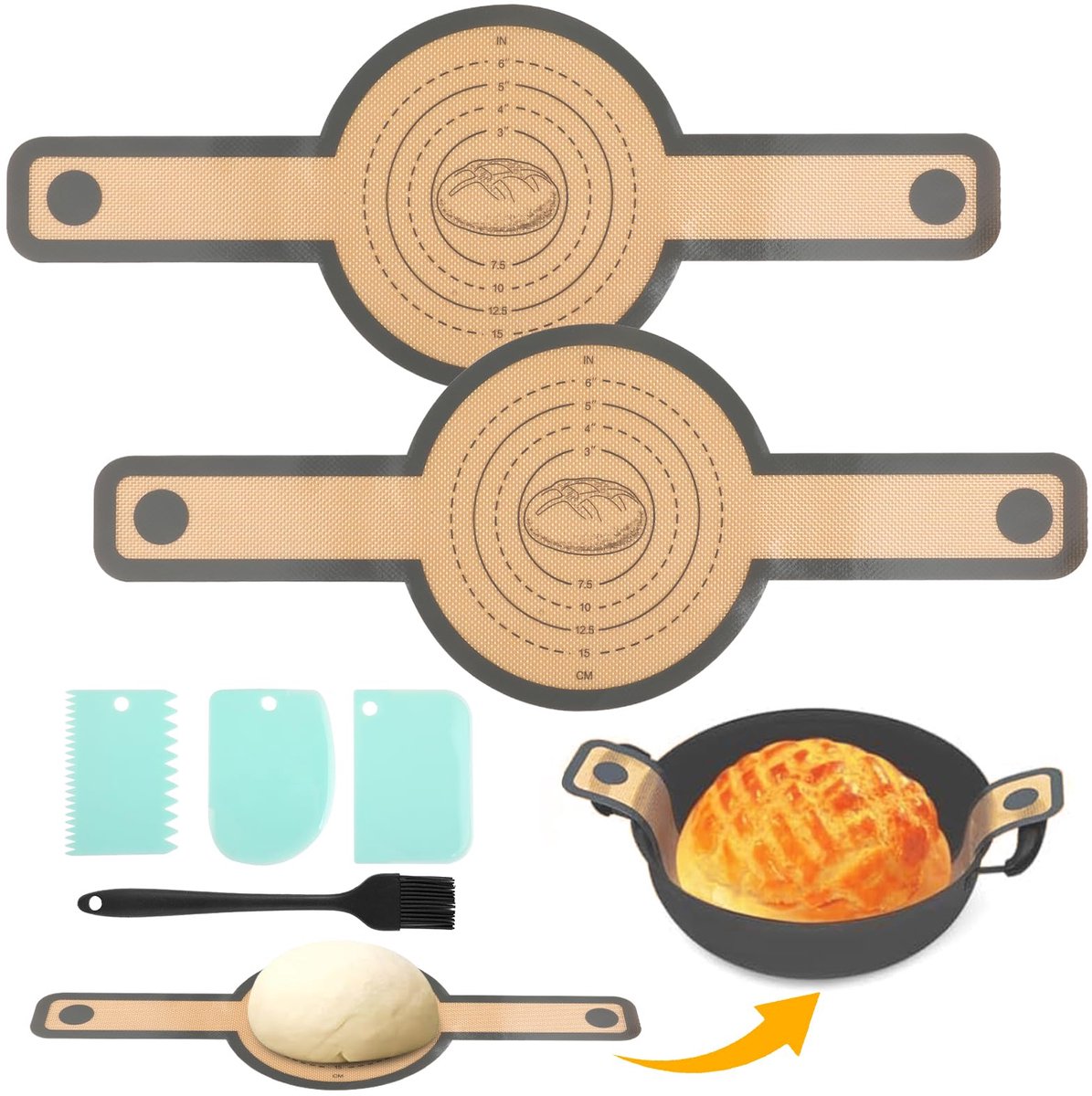 Set van 2 siliconen bakmatten voor Dutch Oven Broodlus Anti-aanbaklaag Herbruikbare broodbakmat met lange handvatten Inclusief bakkwast en 3 deegschrapers Geschikt voor oven en broodbakvorm