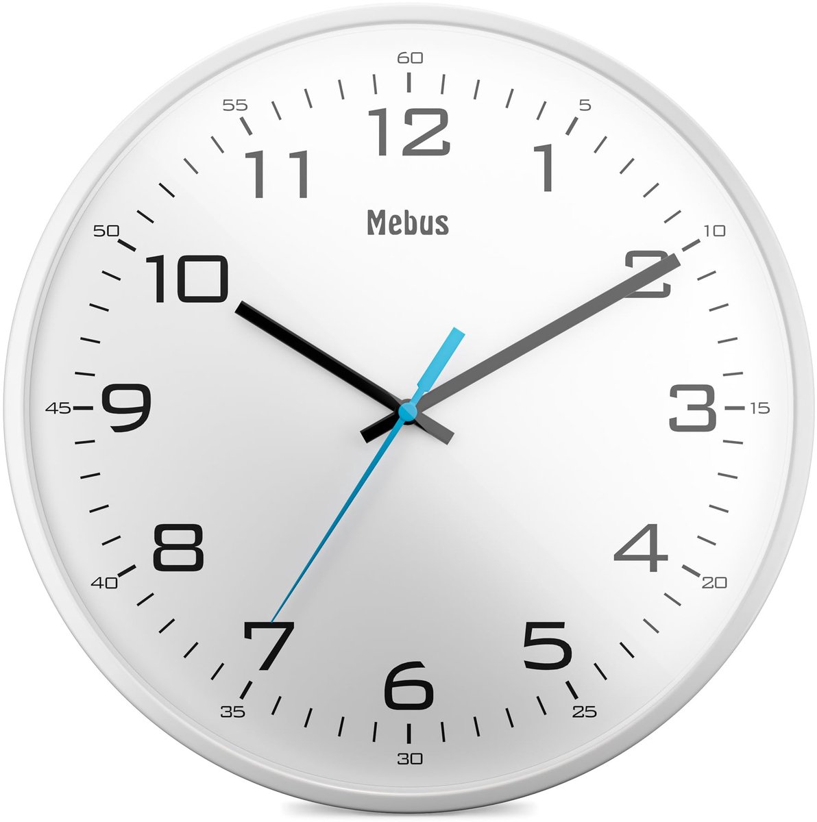 Mebus moderne quartz wandklok klassiek design stoere grote cijfers 30cm diameter / Kleur: Wit / Model: 16248