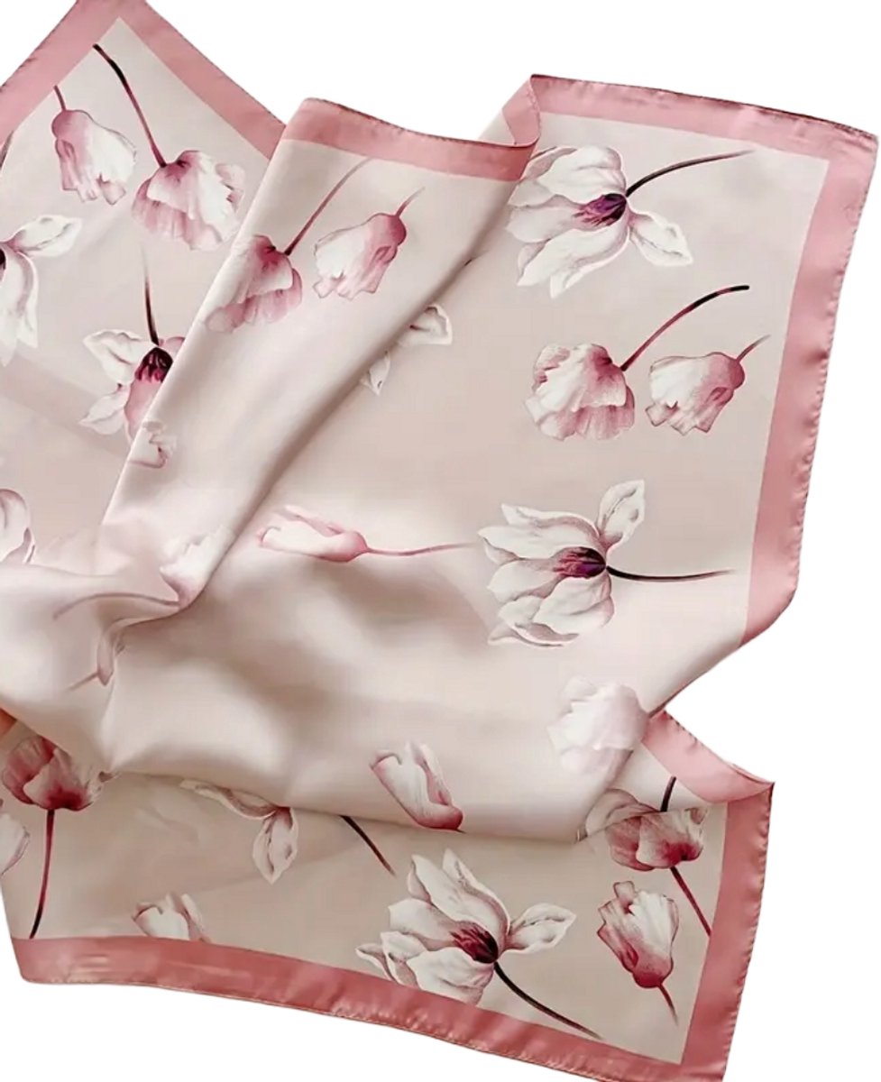 Flipflop Club® Scarf Pink Flowers | Satijnen Hoofdsjaal | Zomer Trend | Festival Head Scarf | Bandana | Headscarf | Headband | Sjaal voor hoofd | Sjaal Haarband | Zijdezacht Roze Sjaaltje — afbeelding 3