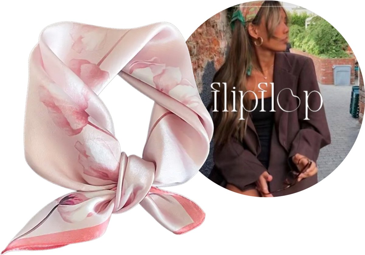 Flipflop Club® Scarf Pink Flowers | Satijnen Hoofdsjaal | Zomer Trend | Festival Head Scarf | Bandana | Headscarf | Headband | Sjaal voor hoofd | Sjaal Haarband | Zijdezacht Roze Sjaaltje