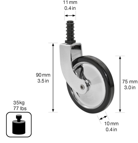 Set van 5 Bureaustoelwielen, 11mm Pendiameter, Modern Design, Hoge