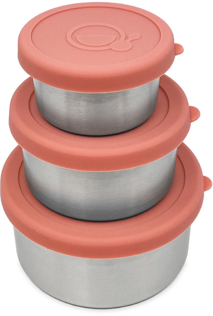 Smikkels Fruitbakje school - RVS fruitbakjes - Snackbox – 3 stuks (roze) – 110/220/400 ml – 304 RVS (18/8) - Vaatwasserbestendige bewaarbakjes