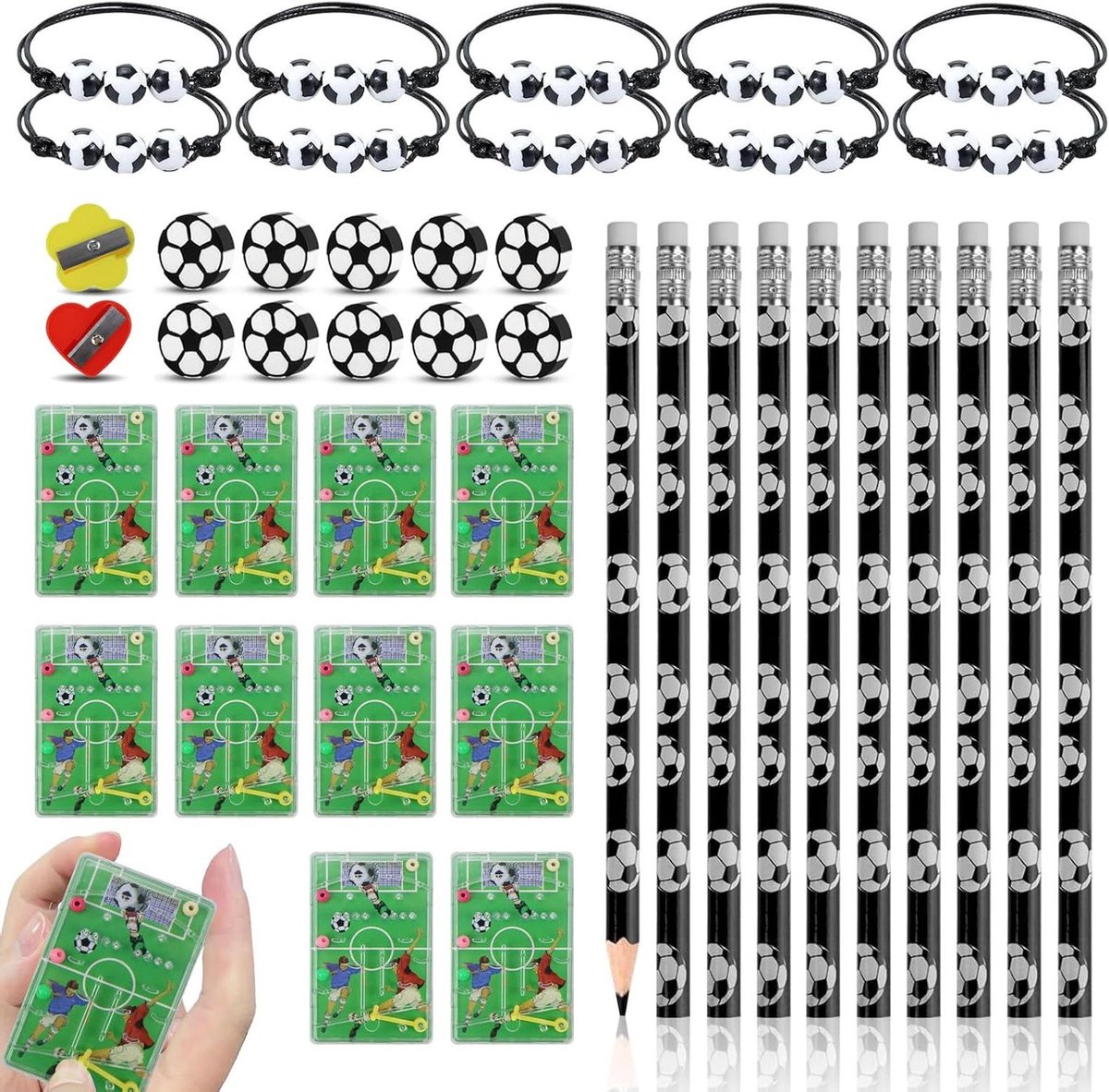 Voetbalfeest decoratie set - Voetbal cadeautjes voor kinderverjaardag - Potloden, gummetjes, armbandset - Geschenken voor jongens en meisjes - Feestartikelen voor voetbal party - 40 stuks