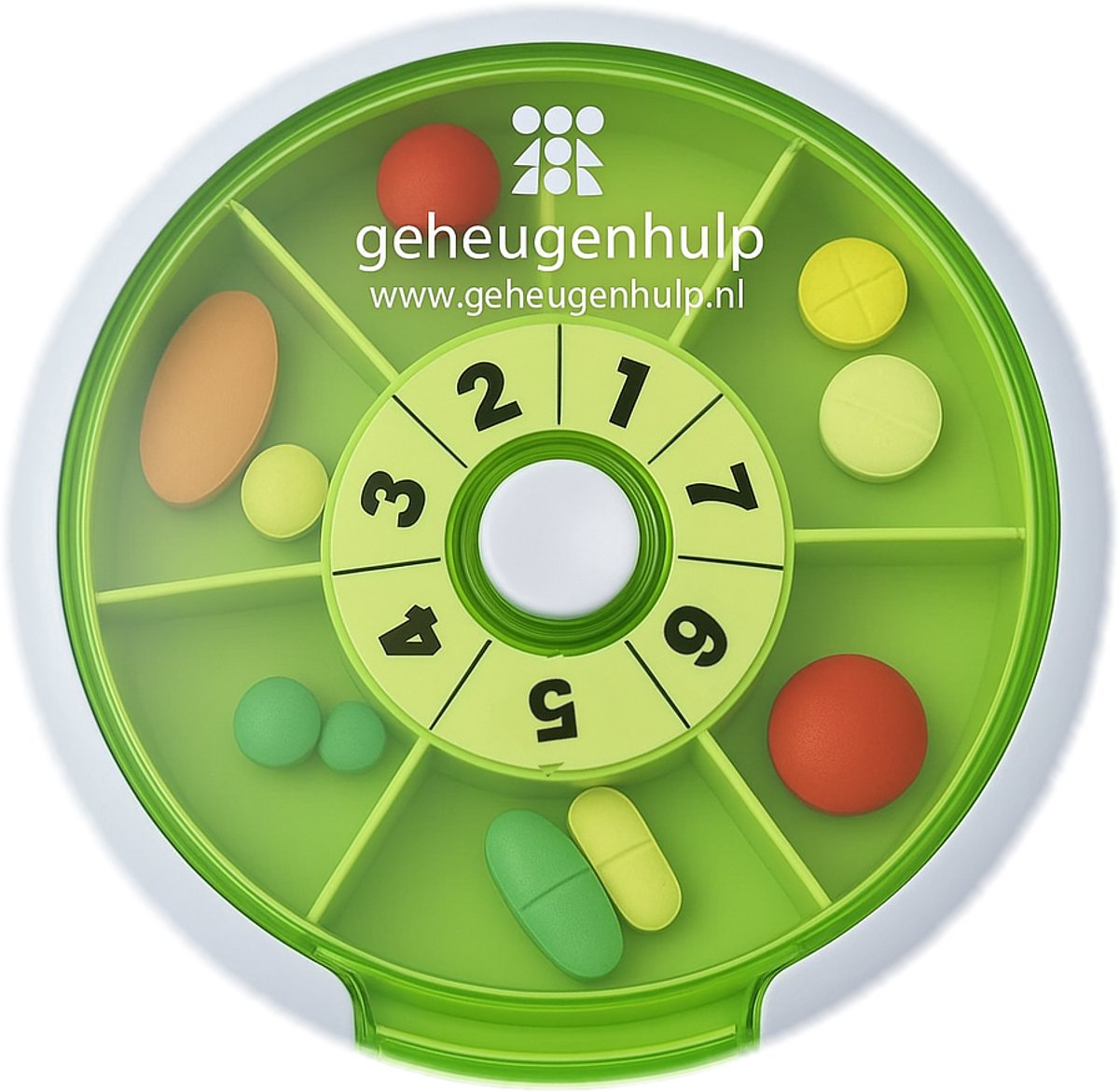 Goedkoopste Pillendoos -rond - medicijndoos- 9 cm- Groen - handige -drukknop - 7 vakjes - Geheugenhulp
