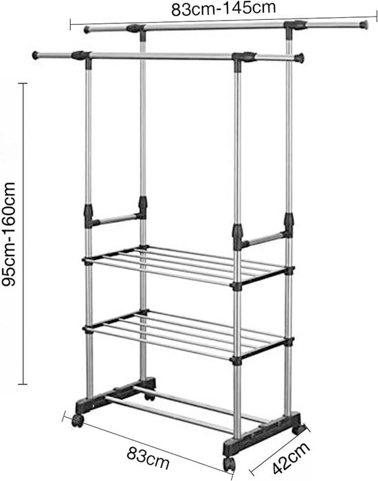 Kledingrek Dubbele stang kledingrek op wielen, rollende kledingorganisator voor het ophangen van kleding, middelste stang in hoogte verstelbaar, metalen kledingrail voor slaapkamer en wasrui Kledingrek Dubbele stang kledingrek op wielen, rollende kledingorganisator voor het ophangen van kleding, middelste stang in hoogte verstelbaar, metalen kledingrail voor slaapkamer en wasrui