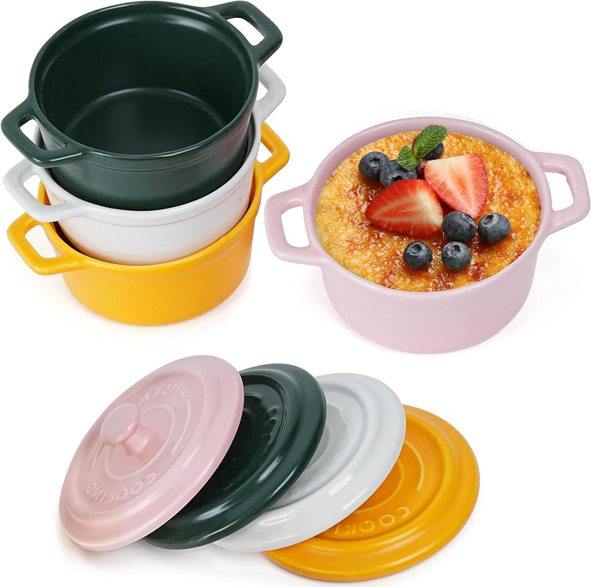 Allecto Plus - 270ml Ramekins met Deksel en Handvatten [4 Stuks] - Rond Stapelbaar - Ovenbestendig voor Koken - Magnetron Vriezer & Vaatwasmachinebestendig - 4 Kleuren