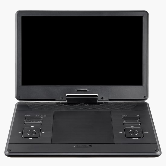Lecteur DVD portable avec écran HD rotatif (35,8 cm) – batterie intégrée offrant une autonomie de 4,5 à 5 heures – 2 haut-parleurs – compatible avec la synchronisation TV, USB, carte SD, CD et DVD