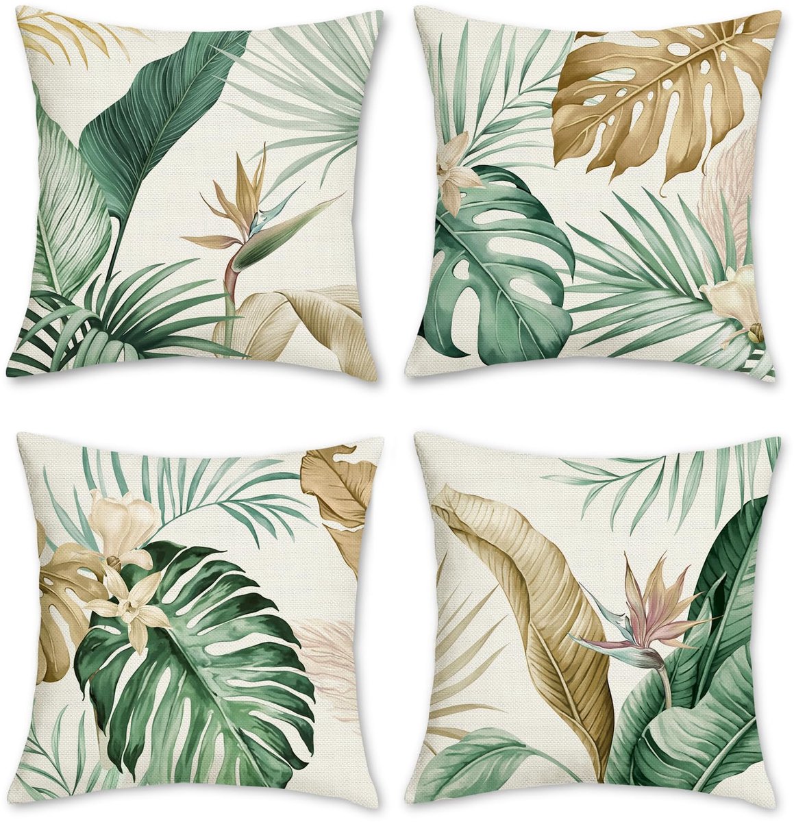 Ibenzoa Set van 4 decoratieve kussenslopen met tropische bladdesign, 45x45 cm, polyester en linnen, perfect voor interieur en tuin kleur 8
