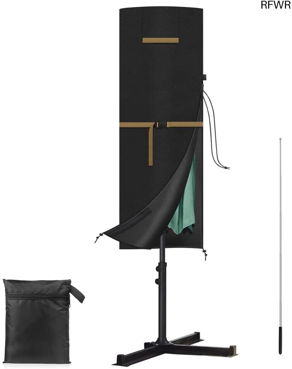 RFWR Waterdichte Beschermhoes voor Parasol met Ritssluiting en Telescopische Stang Zwart