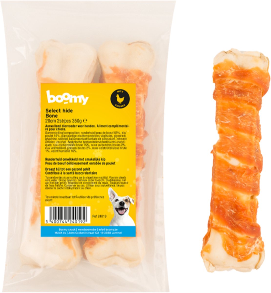 Boomy - Bot met Kip - Natuurlijke hondensnacks van runderhuid met malse kip - Hondensnoepjes - Kauwbotten hond - Kauwstaaf hond - 20cm - 2st