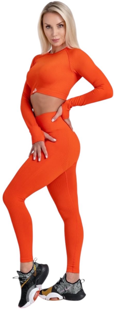 Mives® Sportlegging en Top - Yoga - Fitness set - Scrunch Butt - Dames Legging - Sportkleding - legging - Sport Broeken - Gym Sports - Fitness Wear - High Waist - ORANJE- maat M - LANGE MOUW