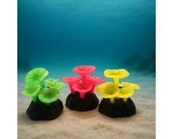 Color Coral Aquarium Decoratie Ornament - Koraal – Set van 3 - Groen/Geel/Rood – 9×9×7 cm – Siliconen