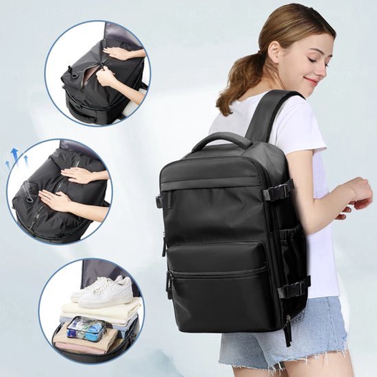Vacuümcompressie handbagage rugzak zwart 20-35 liter - Ryanair - Easyjet - Vliegtuig - 40 x 20 x 25 cm - Inc. oplaadbare vacuüm pomp - Slimme compressie - Rugtas - Koffer - Compact - Vliegtuig cabin size - Waterdicht - Licht gewicht - Heren - Dames