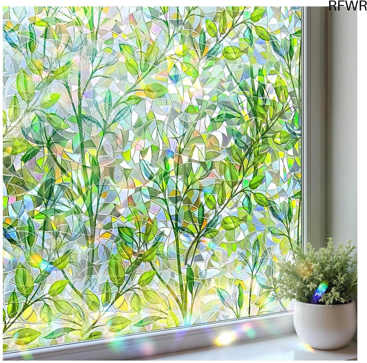 RFWR Decoratieve Privacyfolie met Groen Bladpatroon - UV Bescherming en Regenboogeffect voor Glazen Ramen - 30 x 100 cm