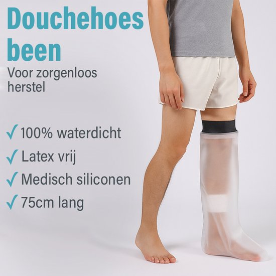 Man met doorzichtige 75cm beenhoes. 100% waterdicht, latexvrij.