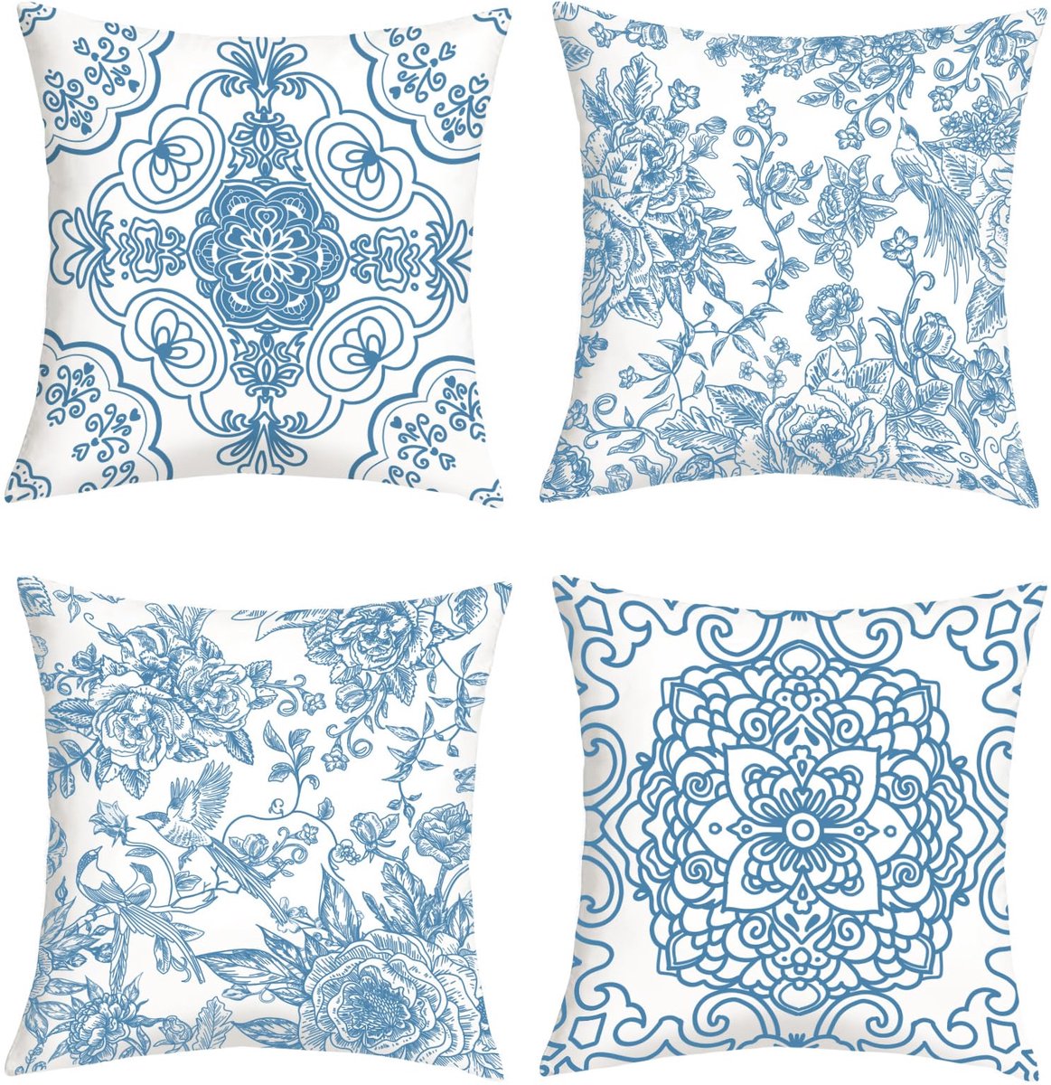Ibenzoa® Kussenslopen Set van 4 met Bloemen en Vogels Print in Blauw en Wit voor Woonkamer en Slaapkamer