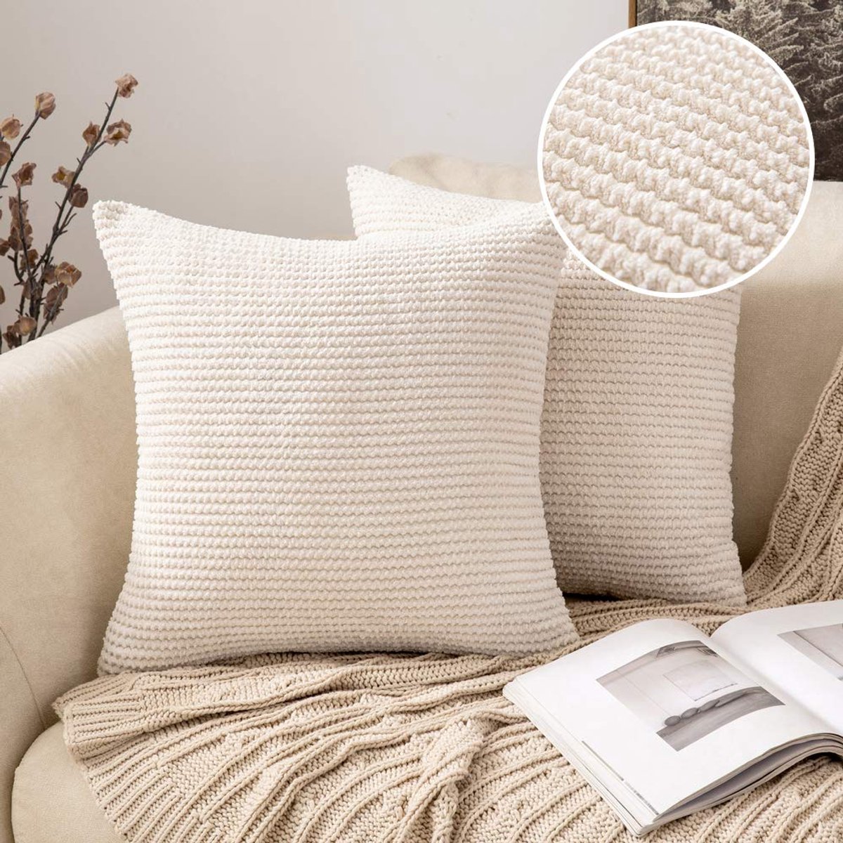 Ibenzoa Set van 2 stijlvolle kussenslopen van corduroy voor bank en bed, 45 x 45 cm, crèmewit creme