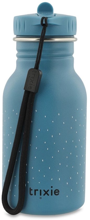 Blauwe drinkfles met witte stippenprint, dinosaurusgezicht en een zwarte lus.