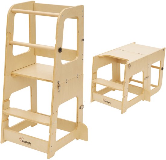 Bouchelle® Leertoren Montessori – Opvouwbare Keukentoren & Opstapje – Kinderkeukenhulp – Naturel Hout