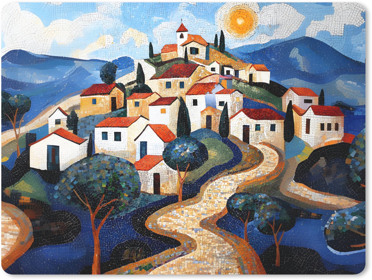 Muismat 23x19 cm - Mousepad Dorp - Heuvelachtig - Zon - Mozaïek - Muismatten