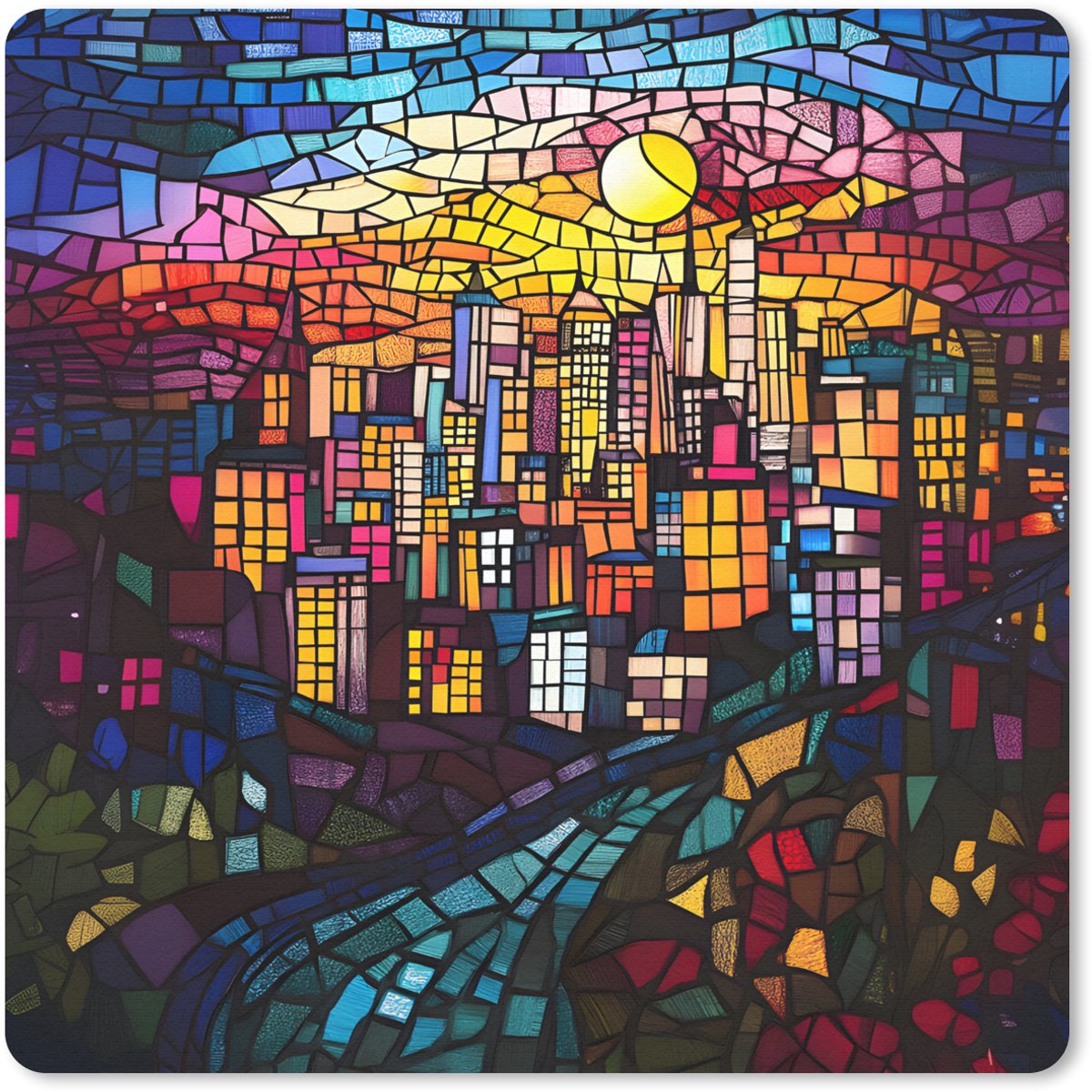 Muismat 20x20 cm - Mousepad Stad - Maan - Mozaïek - Kleurrijk - Muismatten