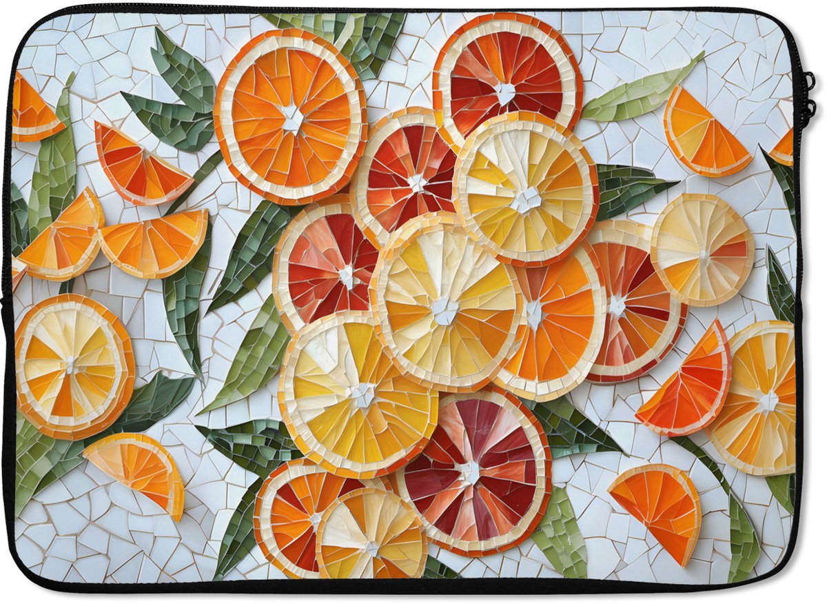 Laptophoes 14 inch - Schijfjes - Fruit - Oranje - Mozaïek - Laptop sleeve - Binnenmaat 33x23 cm - Zwarte achterkant
