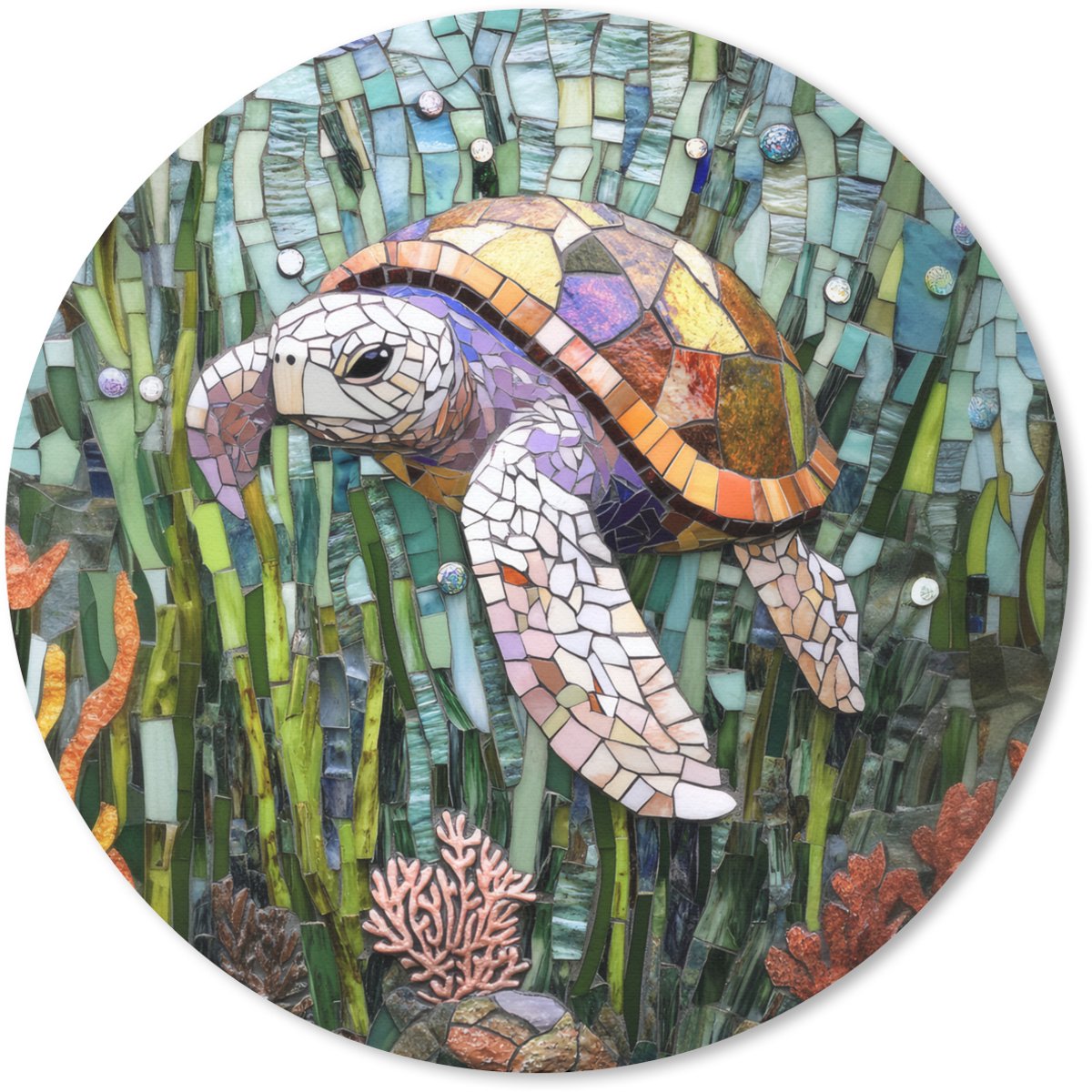 Muismat rond 50x50 cm - Mousepad Schildpad - Zeewier - Mozaïek - Ronde muismatten