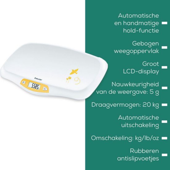 Beurer BY 80 Babyweegschaal - Hold functie - Tarra - Groot LCD display - Gebogen weegvlak - Tot 20 kg - Op 5 gram nauwkeurig - Automatische uitschakeling - Incl. batterijen - 3 Jaar garantie