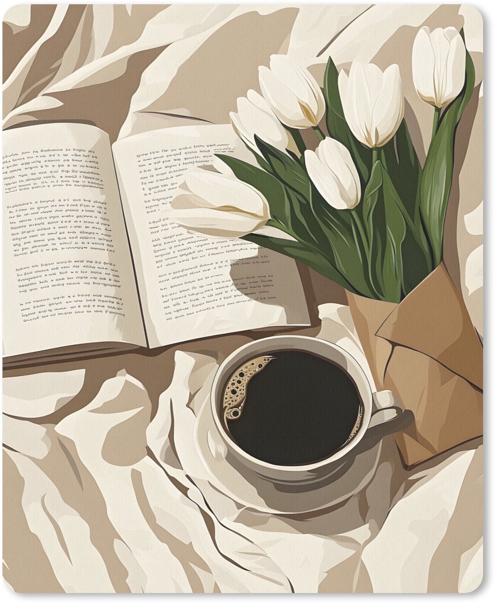 Muismat 19x23 cm - Mousepad Boek - Illustratie - Tulpen - Koffie - Muismatten
