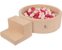 KiddyMoon Speeltuin VELVET PPZP-OK30V-122 met zandbeige ballen: pastelbeige-powderroze-parelmoer-donkerroze zwembad 200/ opstapkrukje