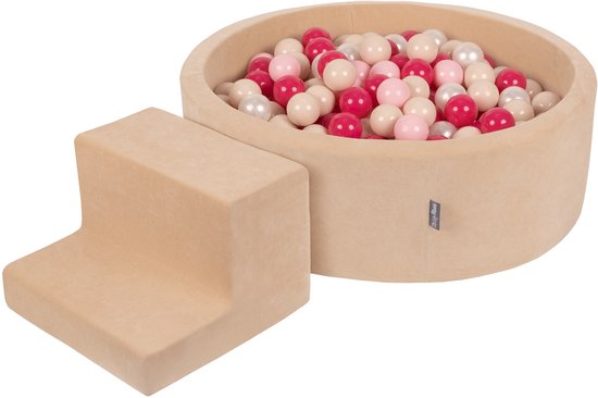 KiddyMoon Speeltuin VELVET PPZP-OK30V-122 met zandbeige ballen: pastelbeige-powderroze-parelmoer-donkerroze zwembad 200/ opstapkrukje