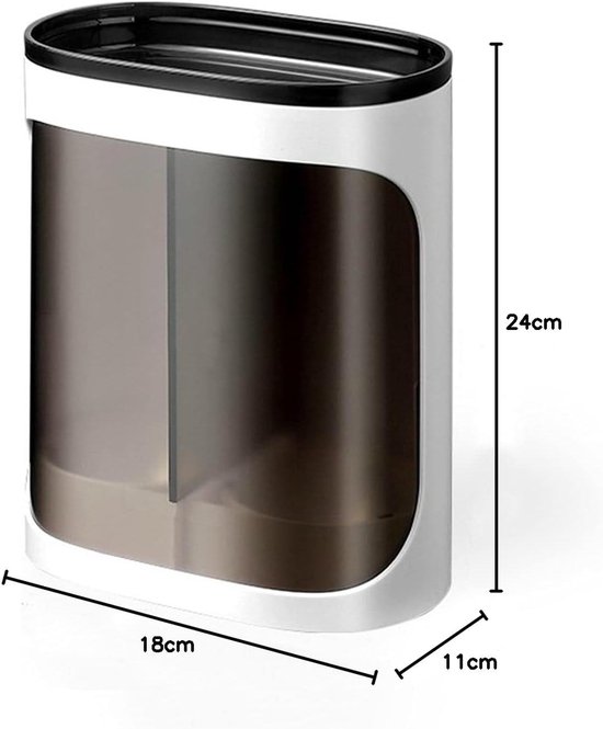 Afmetingen van de witte bekerdispenser met donkere zijpanelen: 18 cm breed, 11 cm diep en 24 cm hoog.